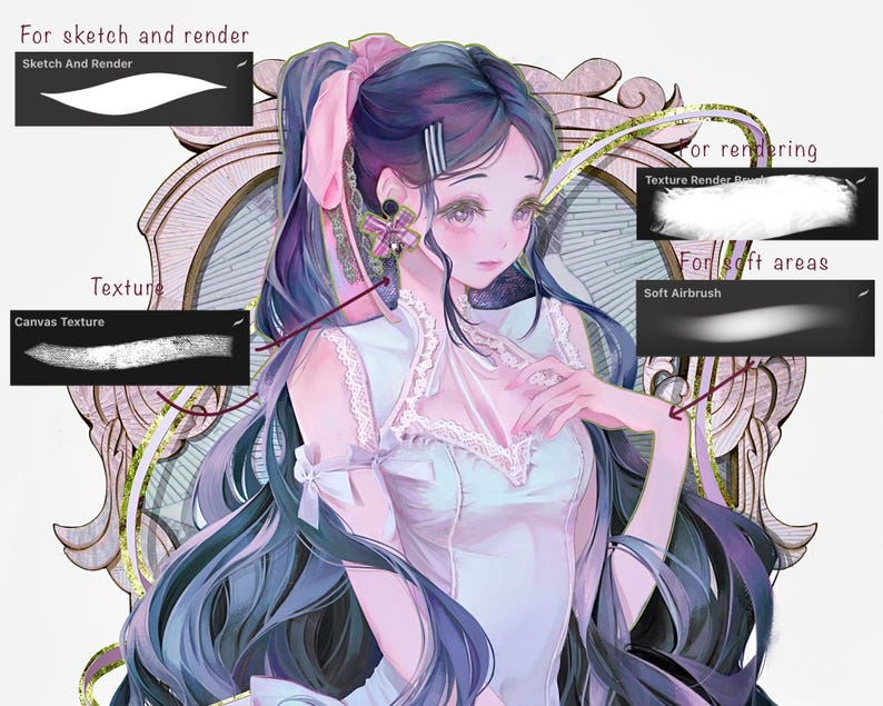 May include: A digital illustration of a woman with long blue hair, wearing a white dress with lace detailing. She is holding her hand to her chest and looking at the viewer. The background is a pink and gold ornate frame.
