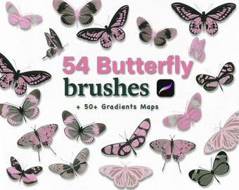 May include: Digital art brushes featuring butterfly designs in shades of pink, black, and gray. The text reads "54 Butterfly brushes + 50+ Gradients Maps". The Procreate app logo is also visible.