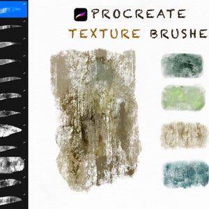 Può includere: Un'immagine di arte digitale che mostra i pennelli texture di Procreate. L'immagine presenta varie pennellate nei toni del verde, marrone e blu, insieme al testo "PROCREATE TEXTURE BRUSHES" e un elenco di nomi di pennelli come "Crystal Haze".