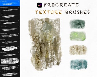 May include: A digital art image showcasing Procreate texture brushes. The image features a variety of brush strokes in shades of green, brown, and blue, along with the text "PROCREATE TEXTURE BRUSHES" and a list of brush names like "Crystal Haze" and "Fogged Quartz".