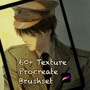 以下が含まれることがあります： 軍隊風の帽子とジャケットを着た人物のデジタルイラスト。画像はデジタルタブレットの画面に収められています。画像には「60+ Texture Procreate Brushset」というテキストと、Procreateアプリのアイコンが表示されています。