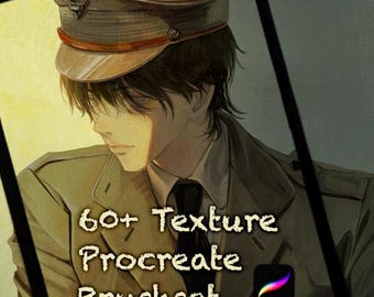 May include: A digital illustration of a person wearing a military-style hat and jacket. The image is framed in a digital tablet screen. The text "60+ Texture Procreate Brushset" is displayed on the image, along with the Procreate app icon.