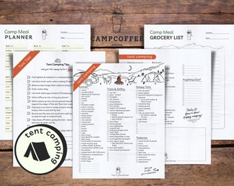 May include: A printable checklist for tent camping with sections for kitchen, tools & safety, sleepy time, toiletries, and a grocery list. The checklist includes a title that says "Tent Camping" and a graphic of a tent.