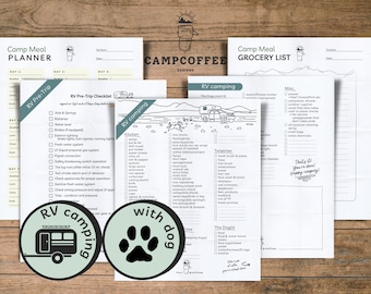 Druckbare RV Camping w / Hund Checkliste | RV Checkliste vor der Reise | Camp Mahlzeit als Planer | Camp Mahlzeit Einkaufsliste