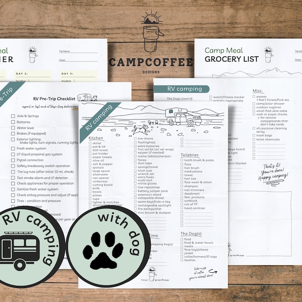 Printable RV Camping w/Dog Checklist | RV Pre-trip Checklist | Camp Meal Planner | Camp Meal Grocery List