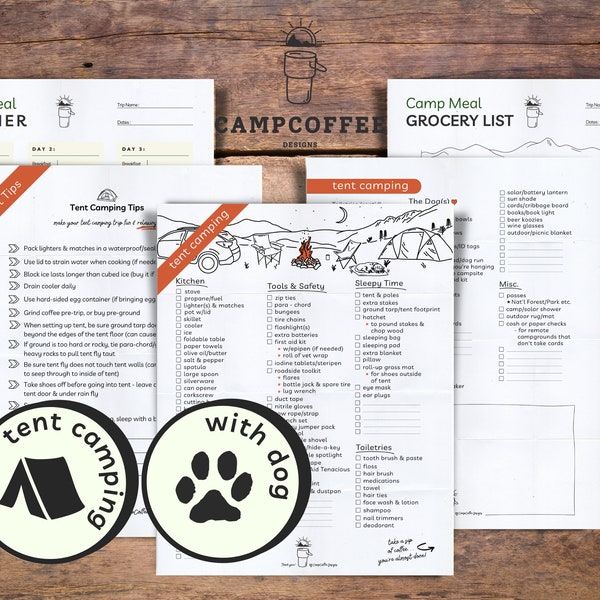 Printable Tent Camping w/Dog Checklist | Tent Camping Tips | Camp Meal Planner | Camp Grocery List