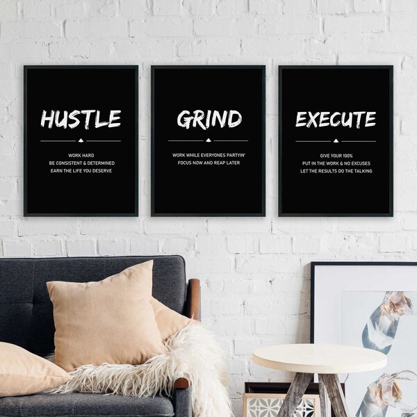 Hustle Grind exekutieren Poster | Büro Deko | Arbeite hart | Inspirierende Zitate | 3 Stück Wandkunst | Motivdruck | Unternehmer Geschenk
