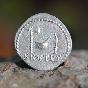 Silver Roman Denarius of Brutus Q. Servilius Caepio, Marcus Junius, the Assassin of Julius Caesar Solid Silver Coin