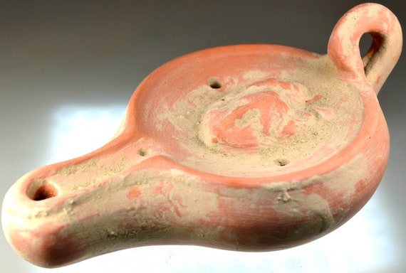 Large Roman Clay Oil Lamp with Handle, Pottery Oil Lamp, Terracotta Artificial Light