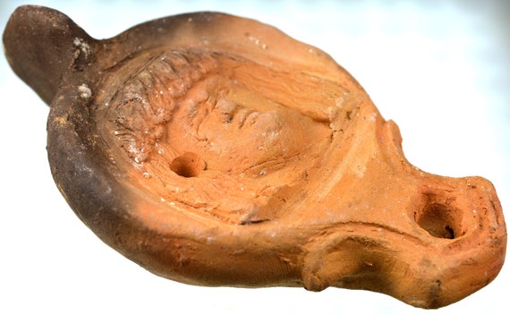 Roman Clay Oil Lamp with Handle, Pottery Oil Lamp, Terracotta Artificial Light