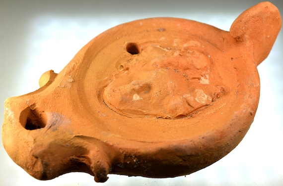 Roman Clay Oil Lamp with Handle, Pottery Oil Lamp, Terracotta Artificial Light