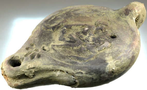 Large Roman Clay Oil Lamp with Handle, Pottery Oil Lamp, Terracotta Artificial Light