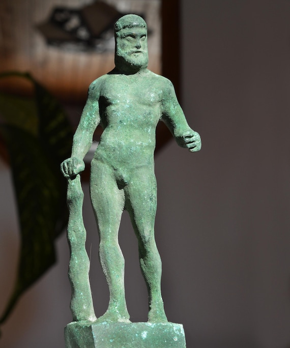 Large Greek Bronze Statue of Hercules holding a Club on a Bronze Postament