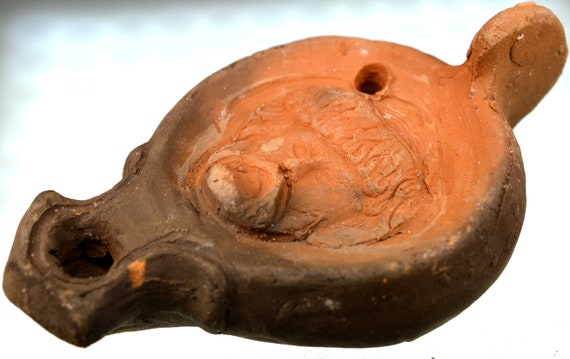 Roman Clay Oil Lamp with Handle, Pottery Oil Lamp, Terracotta Artificial Light