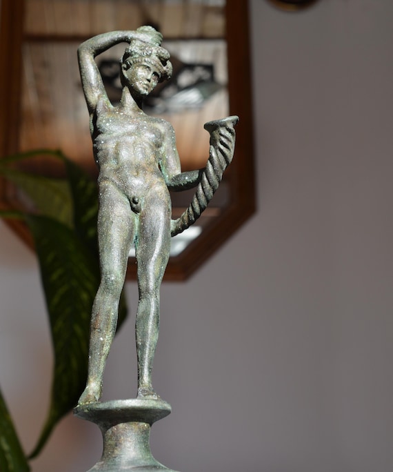 Large Greek Bronze Statue of Dionysos (Bucchus) holding a Rhyton on a bronze postament