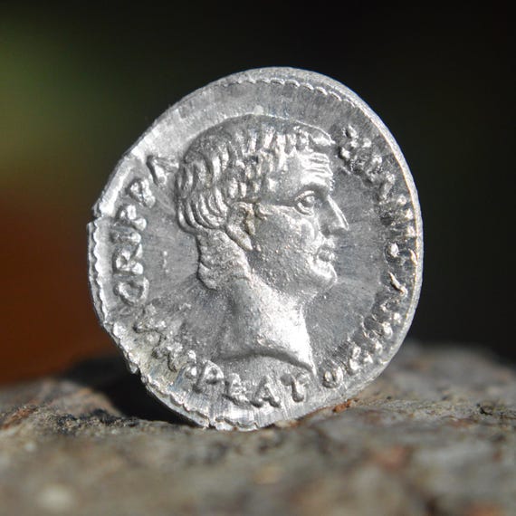 Silver Roman Denarius of Agrippa, Marcvs Vipsanivs & Octavian as Augustus, Avgvstvs Dual Portrait Issue Solid Silver Coin