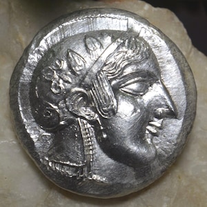 Silver Greek Dekadrachm of Athenian Owl, Athens, Attica, goddess of wisdom Athena, Ancient Greece, Solid Silver Decadrachm Coin