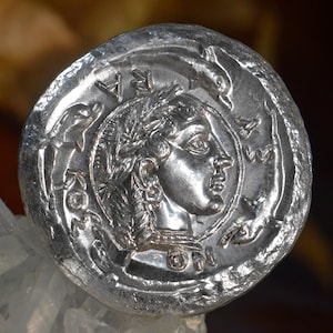 Silver Greek Dekadrachm of Syracuse Sicily Demareteion Series, Ancient Greek, Arethusa Reverse ΣYPAKOΣIΩN, Solid Silver Decadrachm Coin