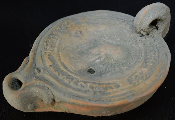 Roman Clay Oil Lamp with Handle, Athens Pottery Oil Lamp, Terracotta Artificial Light
