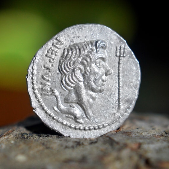 Silver Roman Denarius of Sextus Pompey Son of Pompey The Great Portraying his Father as Neptune, Pompeius Magnus Pius Solid Silver Coin