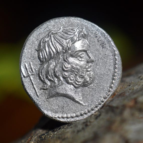 Silver Roman Denarius of Murcus, Supporter of Brutus, Mvrcvs Lvcivs Staivs, Neptune Ionian Sea Solid Silver Coin
