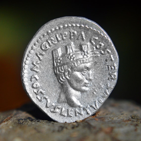 Silver Roman Denarius of Augustus with Agrippa Wearing Combined Mural and Rostral Crown Solid Silver Coin