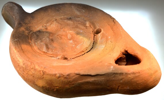 Roman Clay Oil Lamp with Handle, Pottery Oil Lamp, Terracotta Artificial Light
