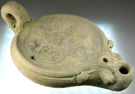 Large Roman Clay Oil Lamp with Handle, Pottery Oil Lamp, Terracotta Artificial Light