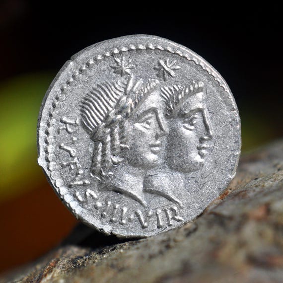Silver Roman Denarius of Manius Cordius Rufus showing the Dioscuri and Venus Solid Silver Coin