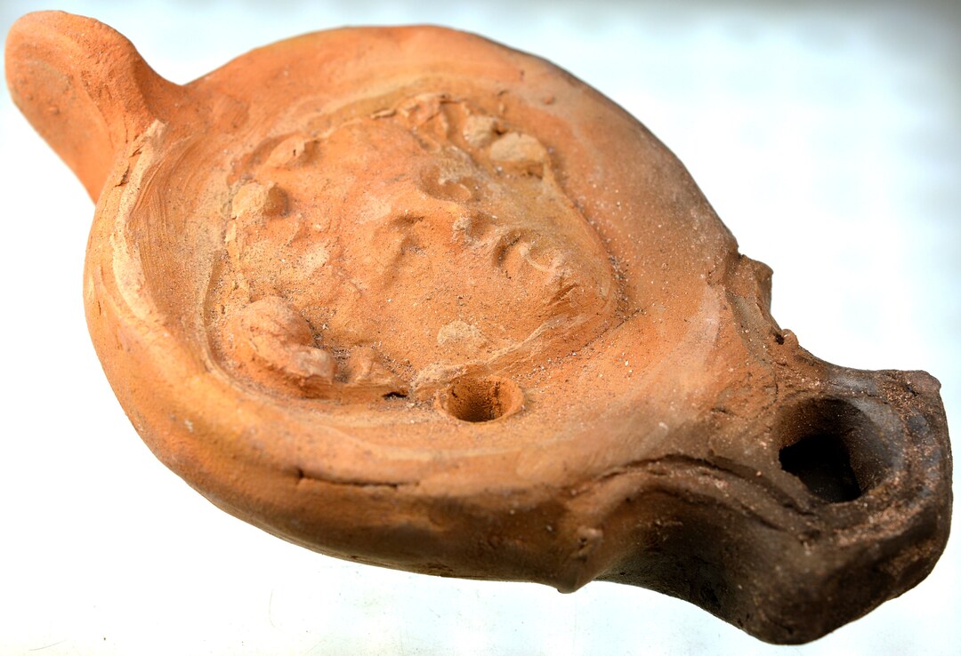 Roman Clay Oil Lamp With Handle, Pottery Oil Lamp, Terracotta