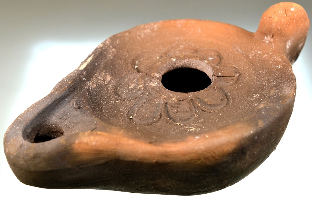 Roman Clay Oil Lamp With Handle, Pottery Oil Lamp, Terracotta