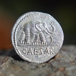 Silver Roman Denarius of Caius Julius Caesar as Dictator, Elephant Trampling Dragon Solid Silver Coin