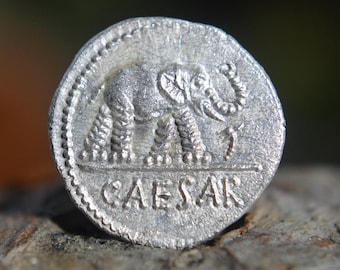 Silver Roman Denarius of Caius Julius Caesar as Dictator, Elephant Trampling Dragon Solid Silver Coin