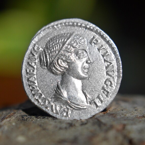 Silver Roman Denarius of Faustina II Junior, wife of Marcus Aurelius, minted under her father Antoninus Pius Solid Laetitia Silver Coin
