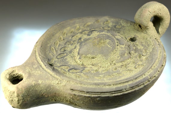 Large Roman Clay Oil Lamp with Handle, Pottery Oil Lamp, Terracotta Artificial Light