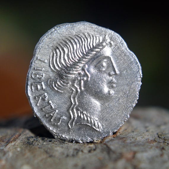 Silver Roman Denarius of Brut, Marcus Junius Brutus, Liberty Brvtvs Gens Junia, the Assassin of Julius Caesar Solid Silver Coin