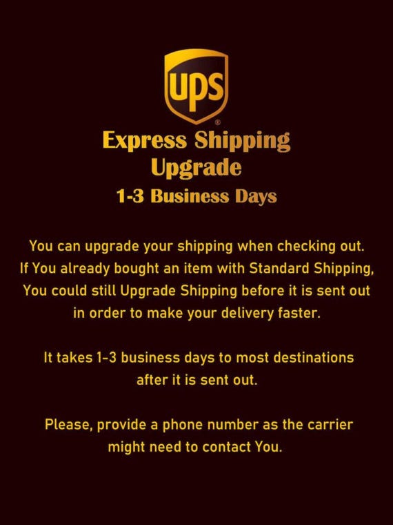Express Shipping Upgrade! This is an Upgrade of the regular shipping. Express door to door service!