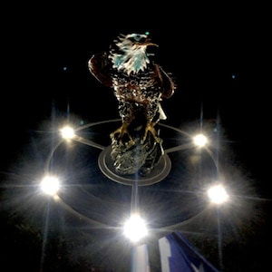 May include: A detailed sculpture of an eagle perched on a rock, with its beak open. The eagle is brown, white, and black, and is illuminated by bright spotlights. The sculpture is mounted on a circular base.