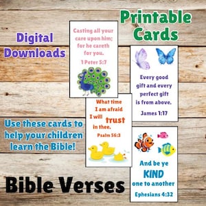 Cartões de versículos bíblicos com animais para crianças, cartões de versículos para memorizar, download digital, para impressão