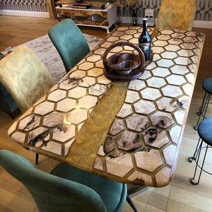 Epoxy Wood Honeycomb Table Made of Walnut Wood, Wooden Kitchen Table, Special Order Kitchen Furniture