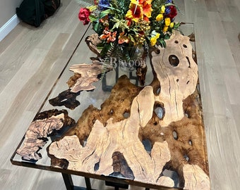 Made to order Handmade Olive Wood Clear Epoxy Dining Table, Live Edge Epoxy Table, River Table Dining Room Table, Kitchen Table