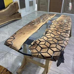 Honeycomb Epoxy Table, Dining Room  Natural Walnut Wood, Hexagon Model Handmade Furniture
