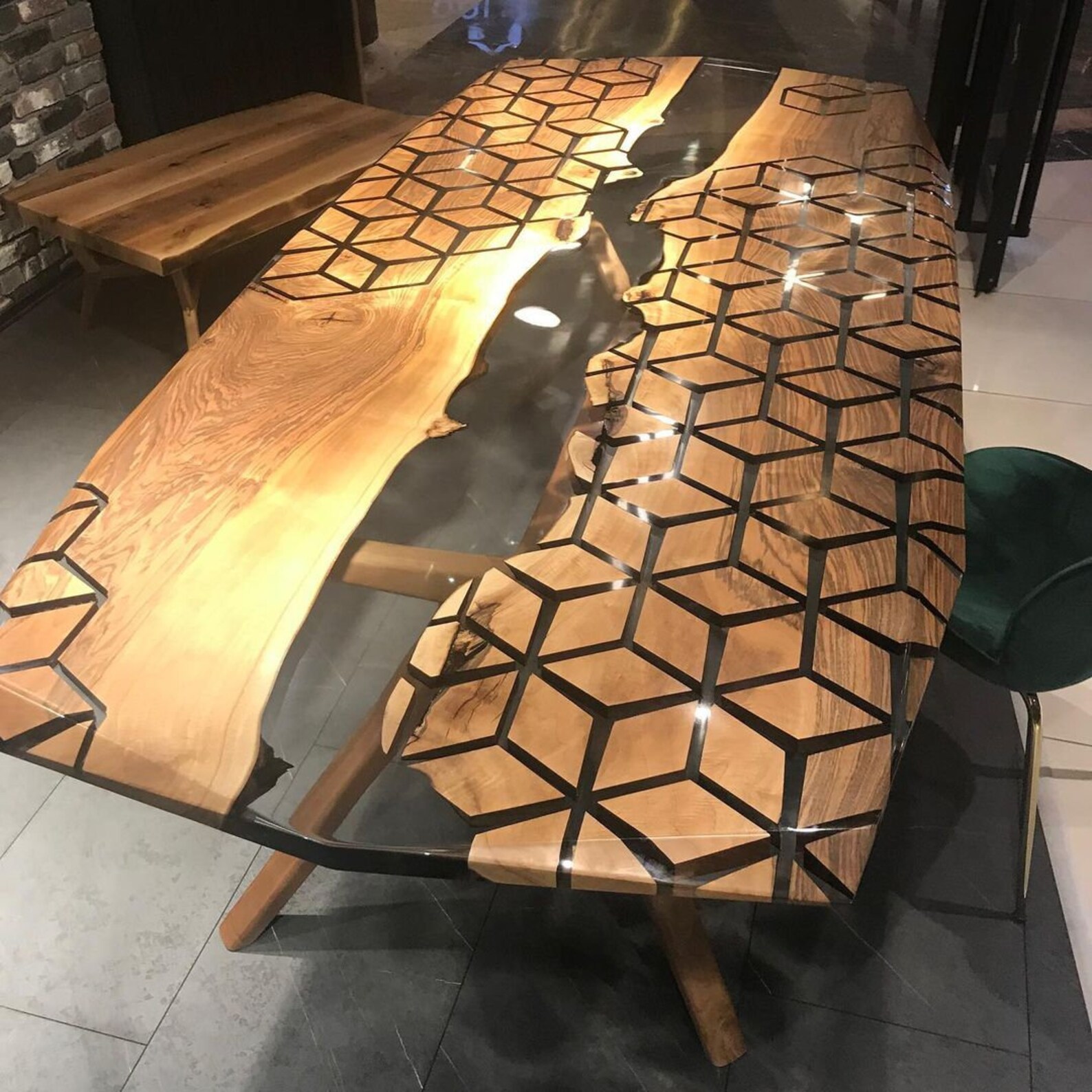 Epoxy Table, Dining Room Natural Walnut Wood, Hexagon Model
