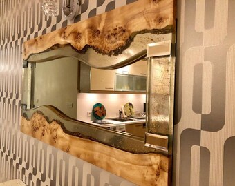 インテリア小物 天然木 ライブエッジ 木製ウォールミラー 壁掛け鏡