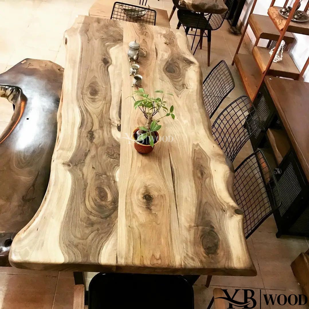 Living Edge Dining Table, Kitchen Table and Bech, Walnut Wood Table