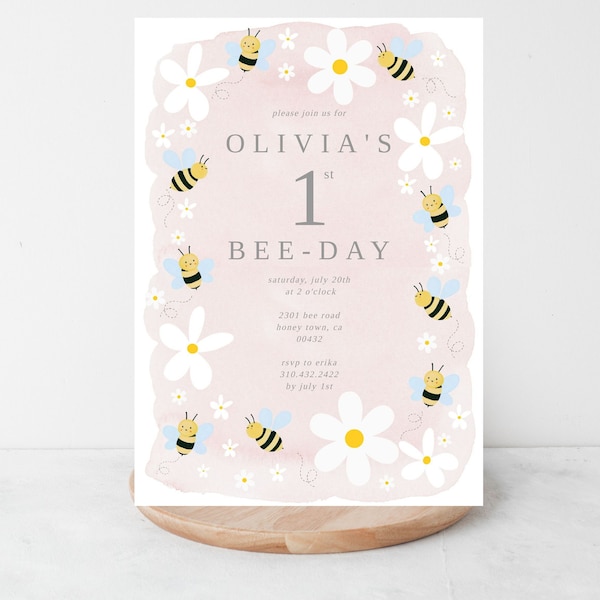 1st BeeDay Invitation, Watercolor bee birthday invitation, bee-themed birthday invitation, Bee Party, Bee Invitation, Bee Party Invite, Bees