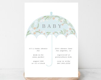 Watercolor Baby Shower Umbrella Invitation, watercolor blue Umbrella baby shower invite, Umbrella with flowers baby shower invitation