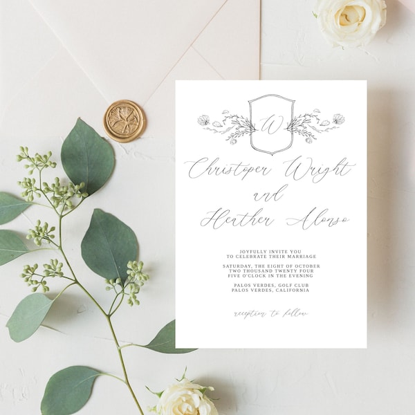 Vintage Garden Wedding Invitation Suite, Vintage Rose Crest Garden Wedding Invitation Suite, Rustic Garden wedding invitation suite