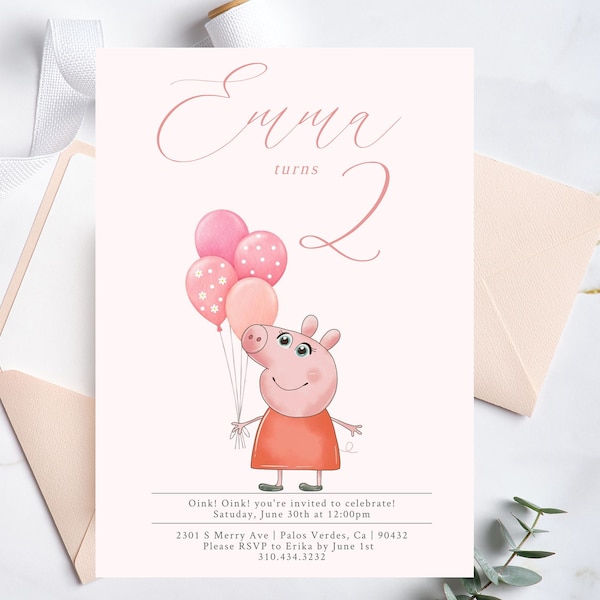 Modern Peppa Pig Birthday Invitation, Watercolor Peppa Pig Invitation, Peppa Pig Party, Peppa Pig Chic Birthday Invitation, Peppa Pig