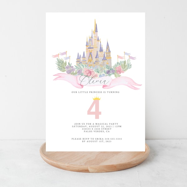 Princess Party Invitation, Princess Tea Party theme, Personalized Princess Party invite, Pink watercolor castle, Princess chic party